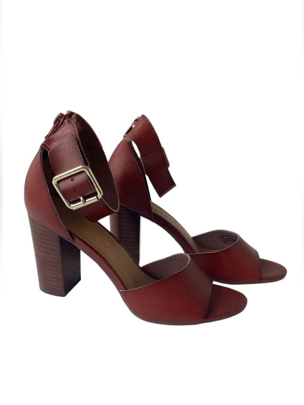 Madden Girl Brown 3.5 Inch Block Heel Sandals Woman 8.5 Med Ankle Strap Zipper
